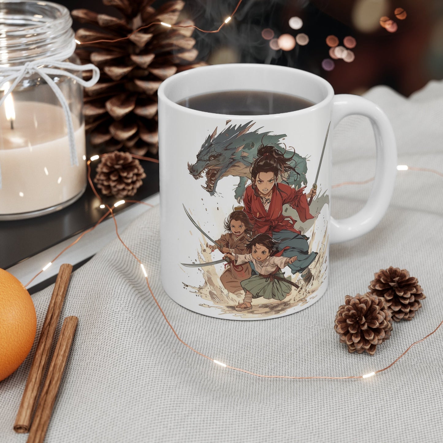 Anime Mother's Day Mug - Mother and Children Slaying a Monster/Dragon with swords