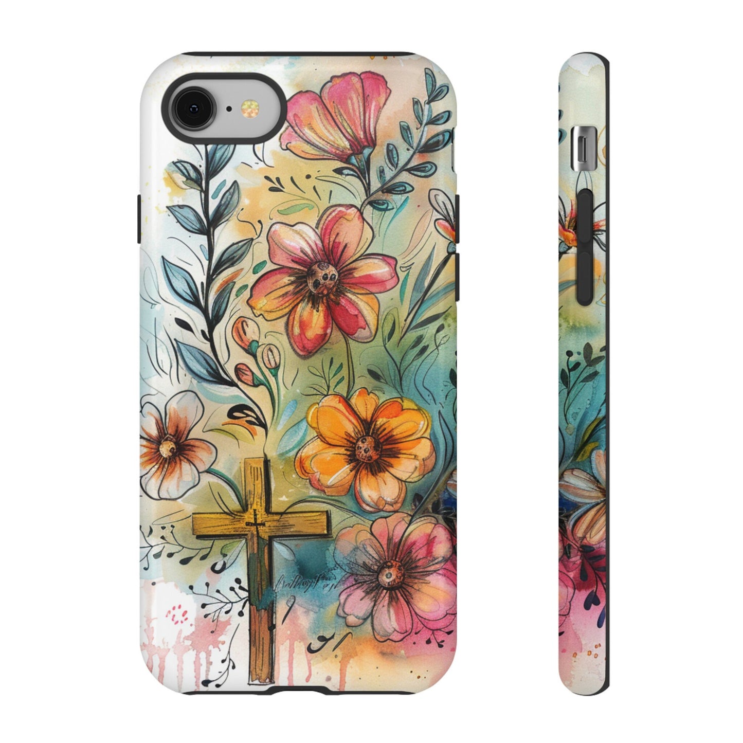 Cross with Whimsical Flowers Tough Phone Case