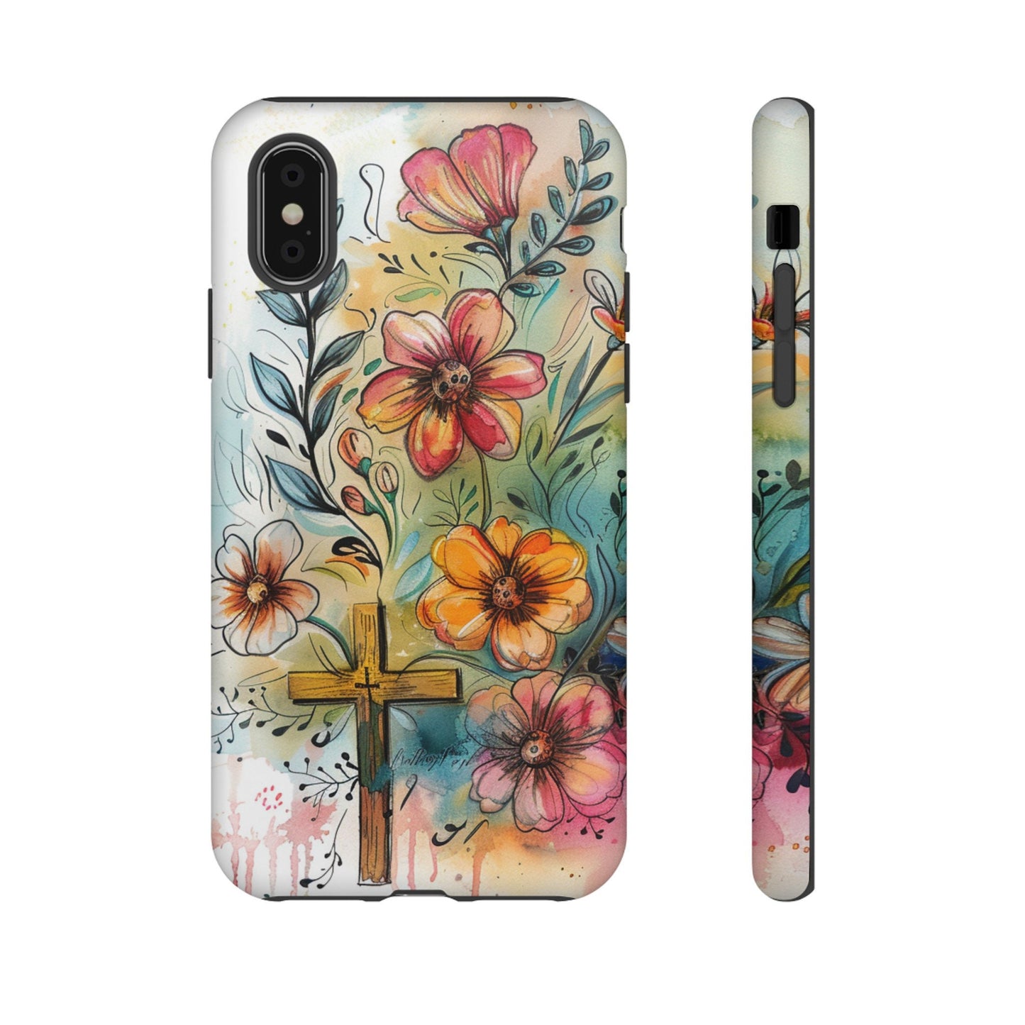 Cross with Whimsical Flowers Tough Phone Case