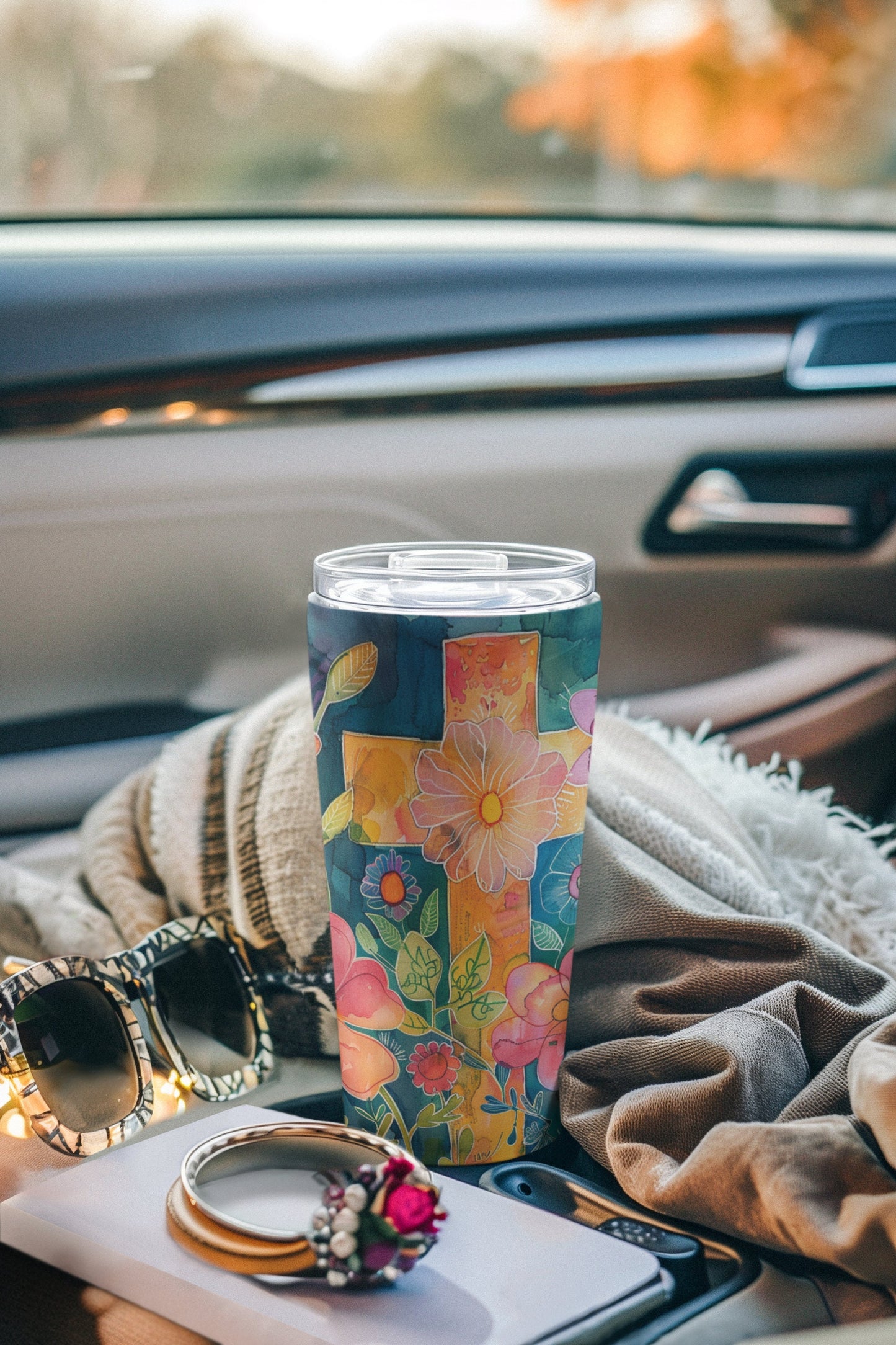 Cross and Whimsical Flowers Tumbler 20oz