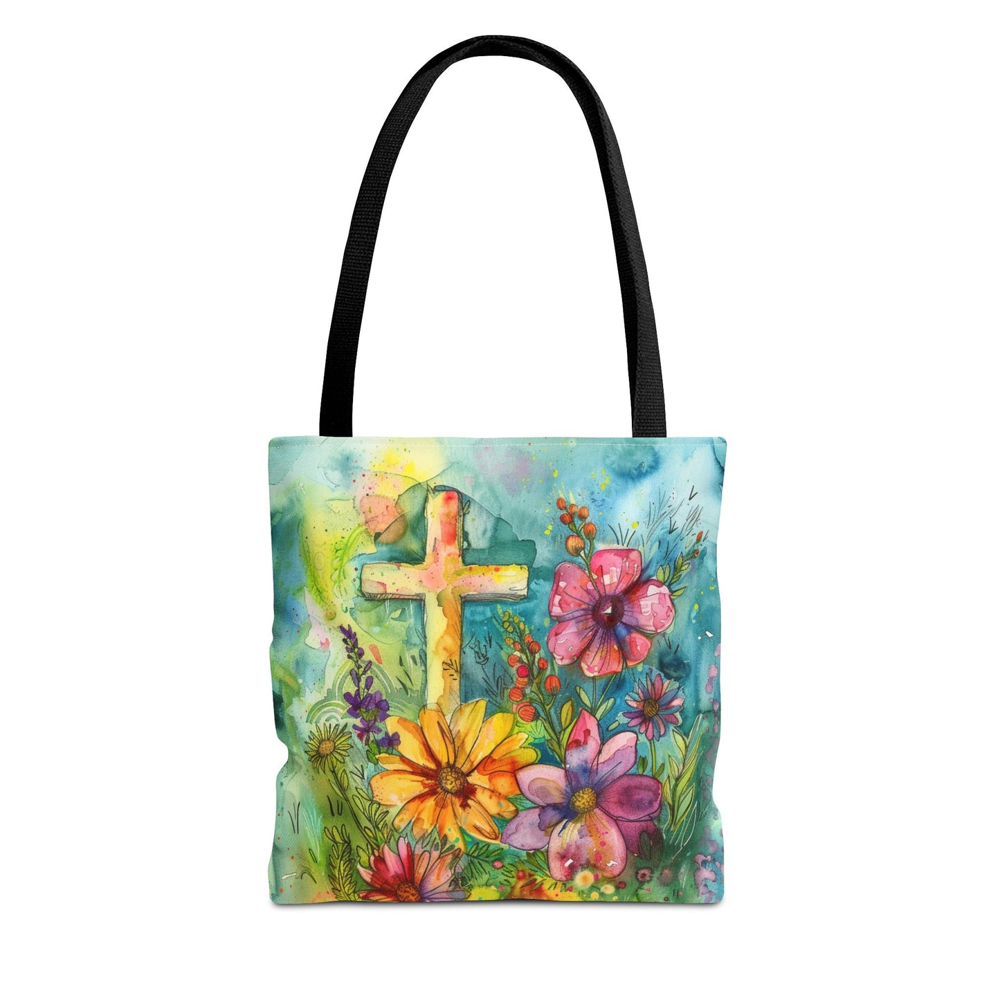 Cross and Whimsical Flowers Tote Bag