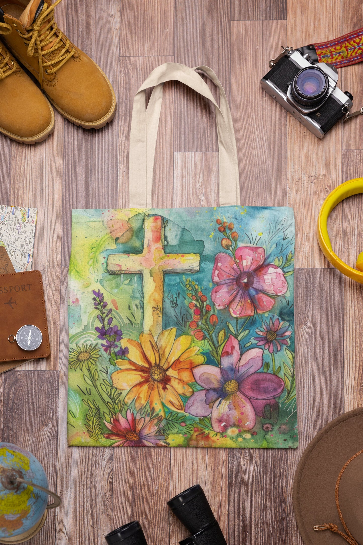 Cross and Whimsical Flowers Tote Bag