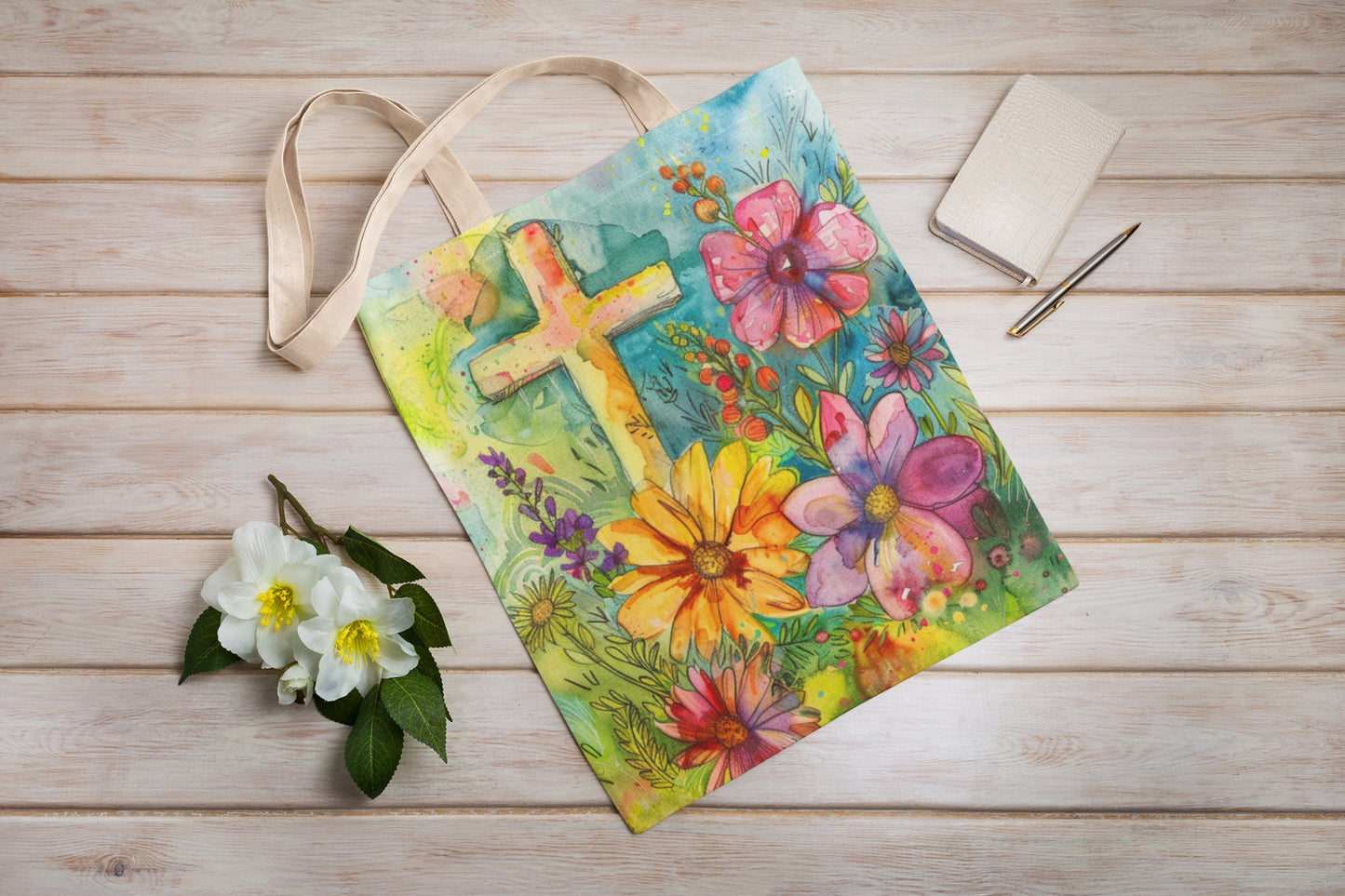 Cross and Whimsical Flowers Tote Bag