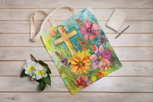 Cross and Whimsical Flowers Tote Bag