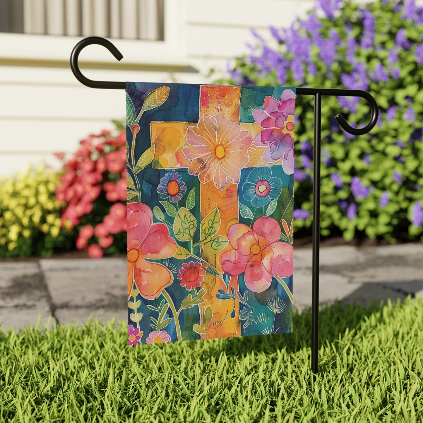 Retro Flowers and Cross Garden & House Banner