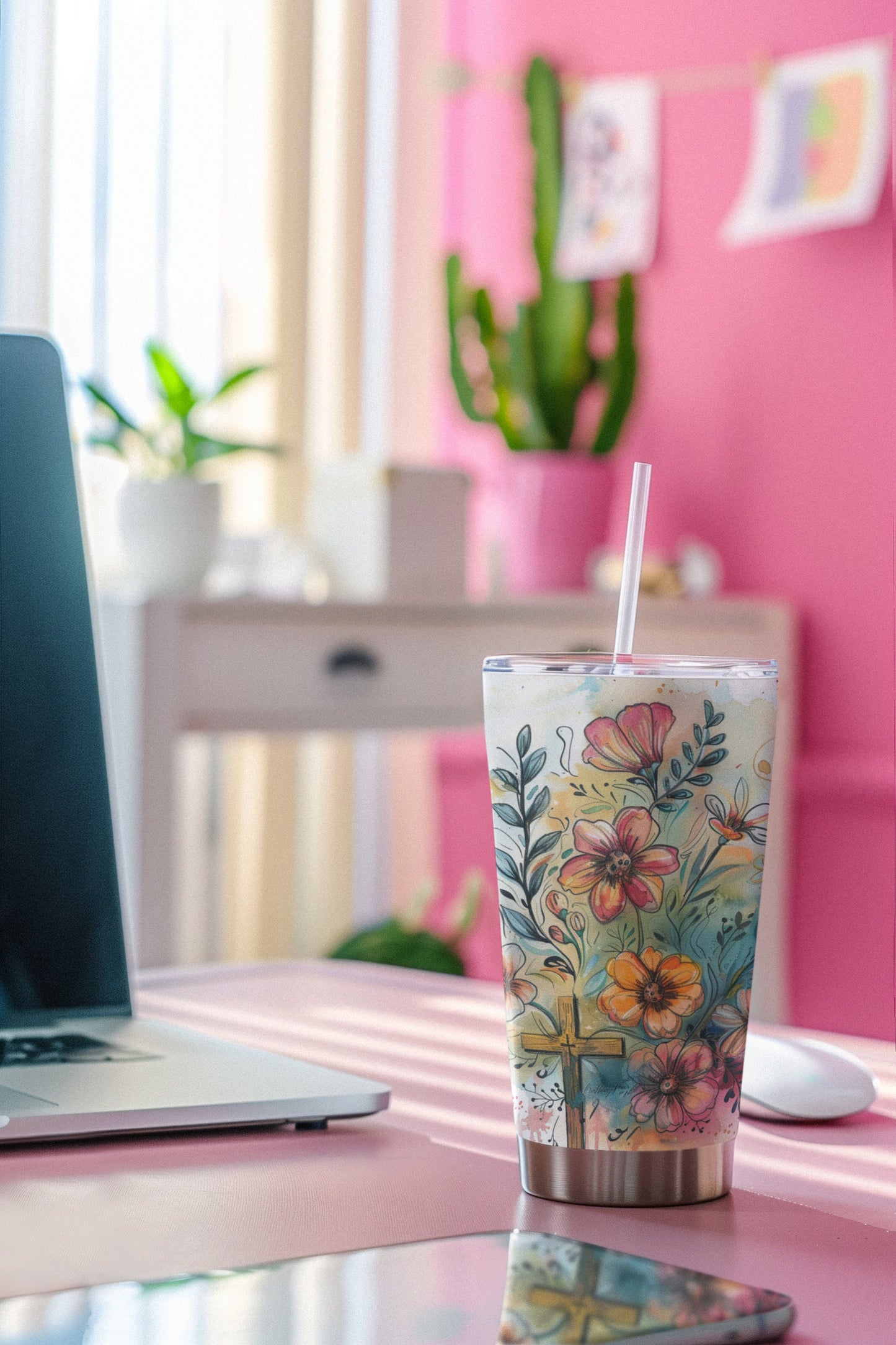 Whimsical Flowers and Cross Tumbler 20oz