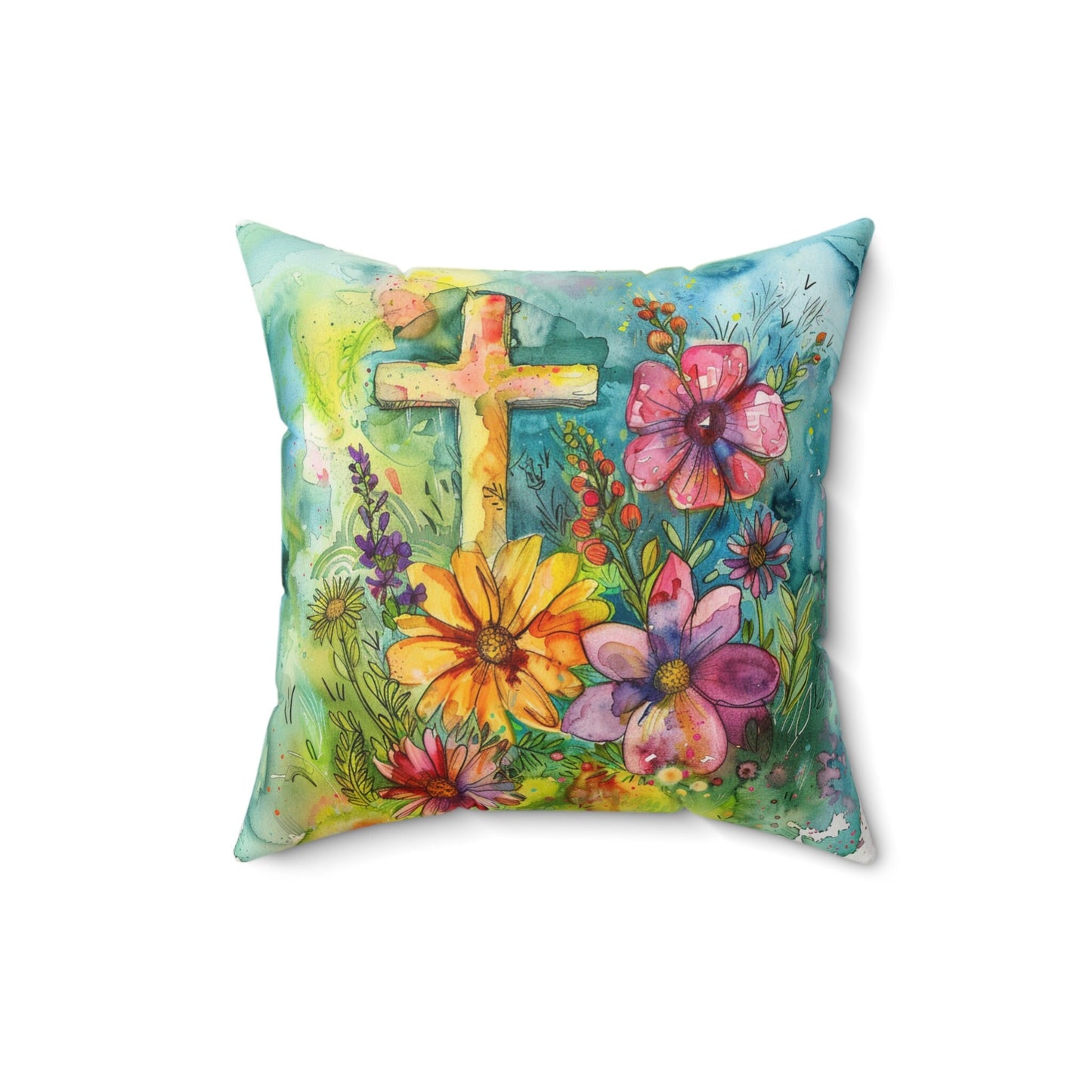 Whimsical Flowers and Cross on a Spun Polyester Square Pillow