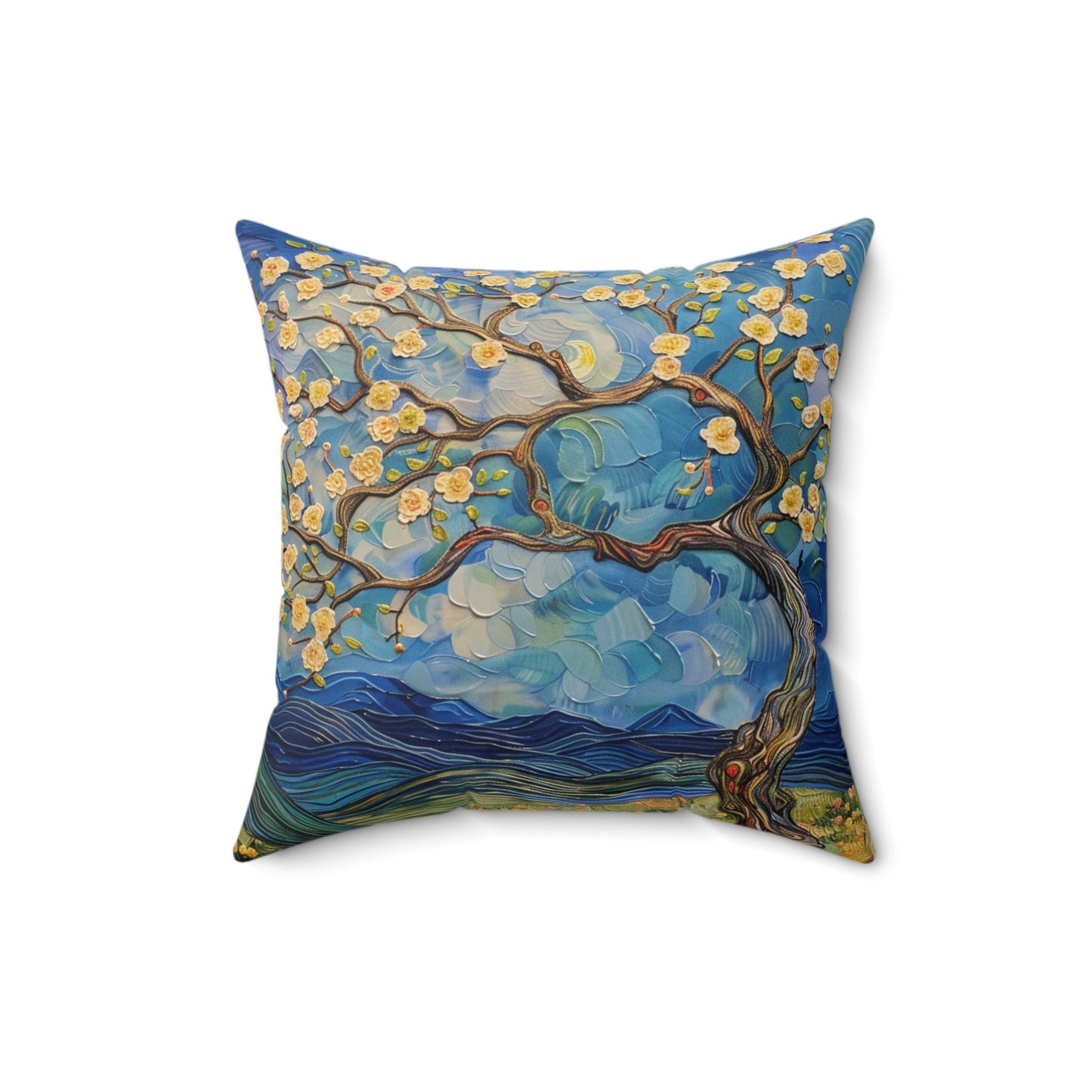 Tree Painting with Flowers on a Spun Polyester Square Pillow