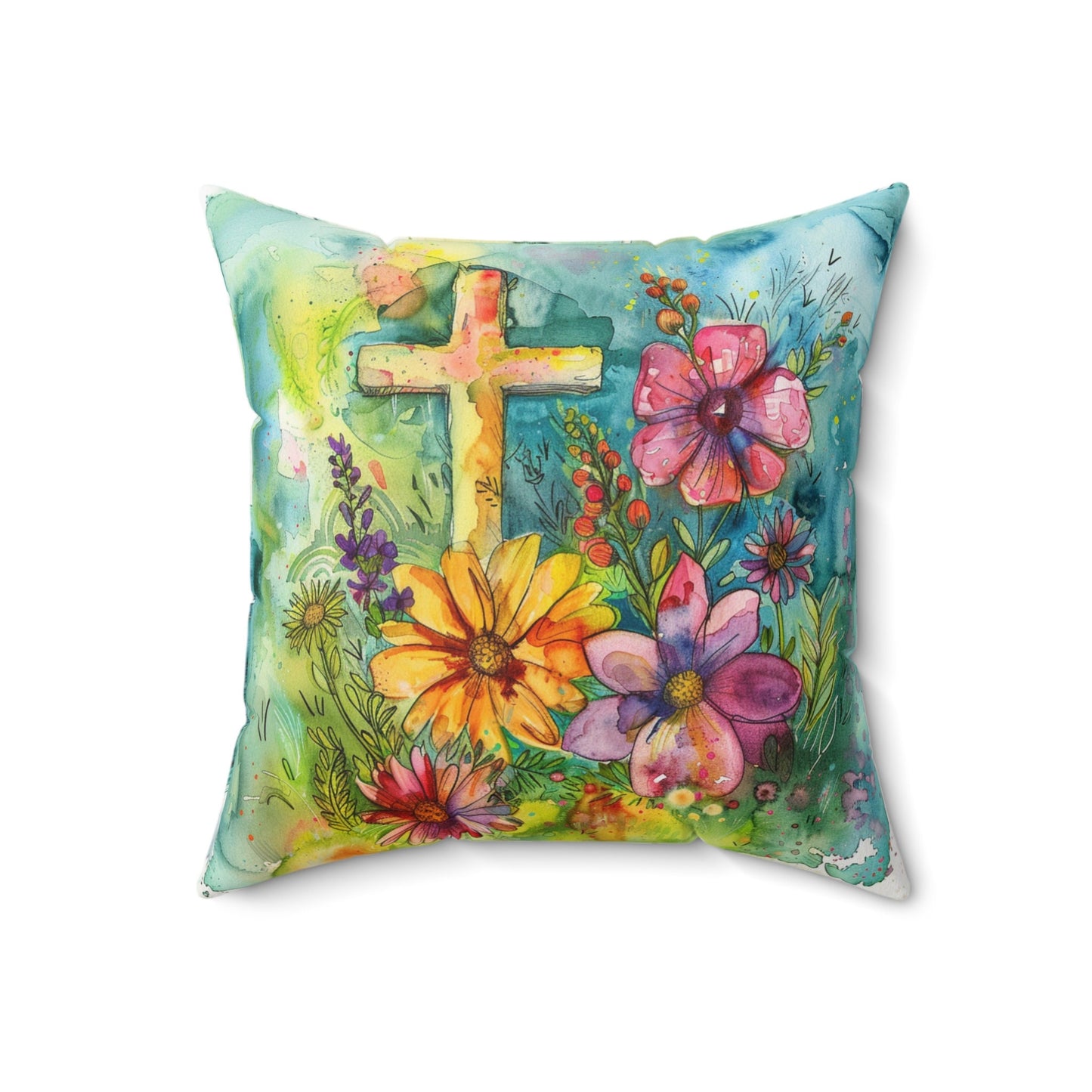 Whimsical Flowers and Cross on a Spun Polyester Square Pillow
