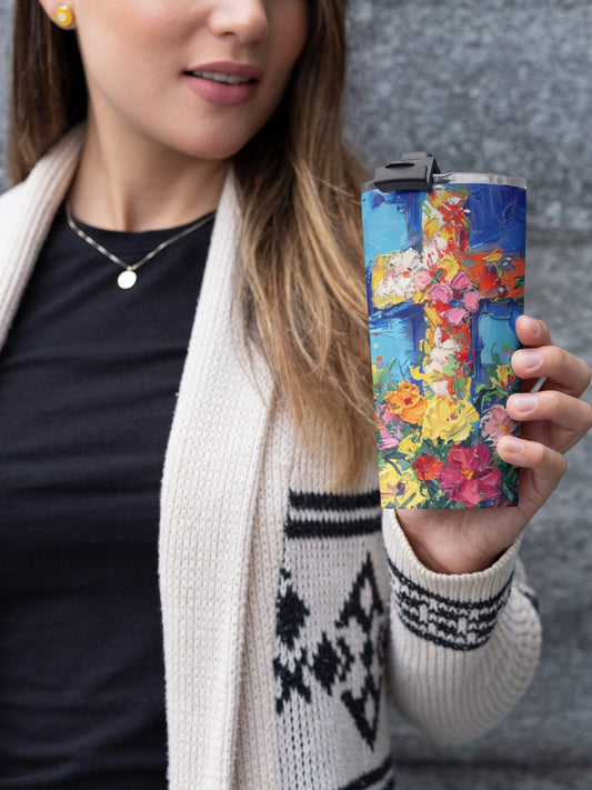 Monet Style Cross and Flowers Tumbler 20oz