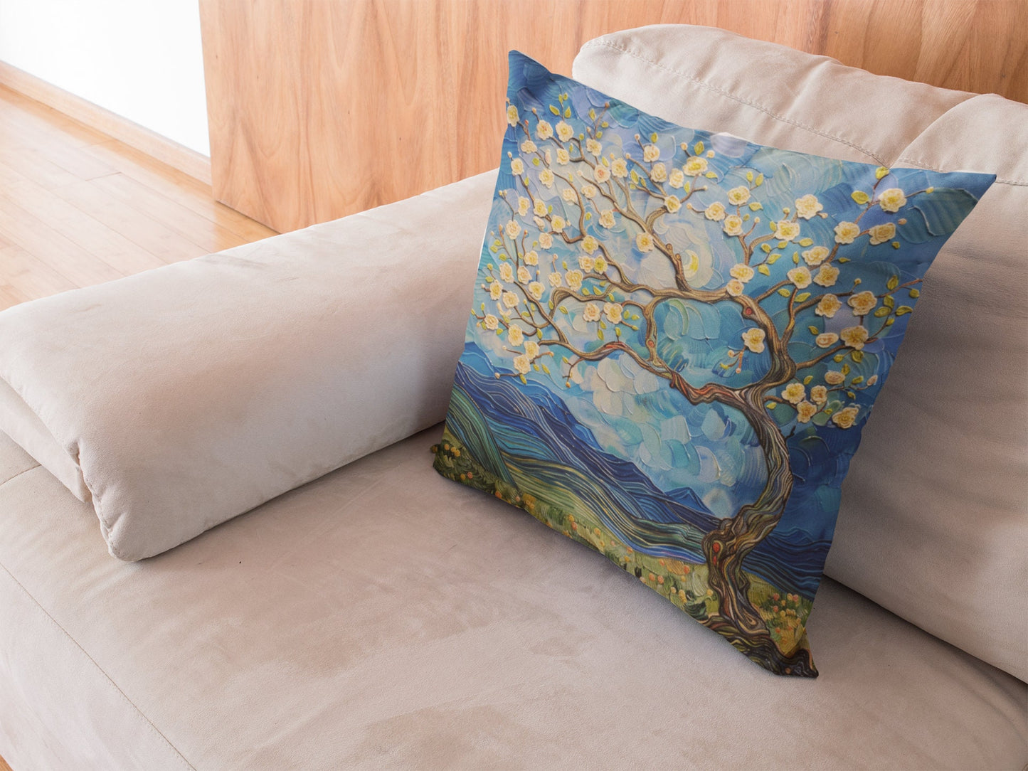 Tree Painting with Flowers on a Spun Polyester Square Pillow