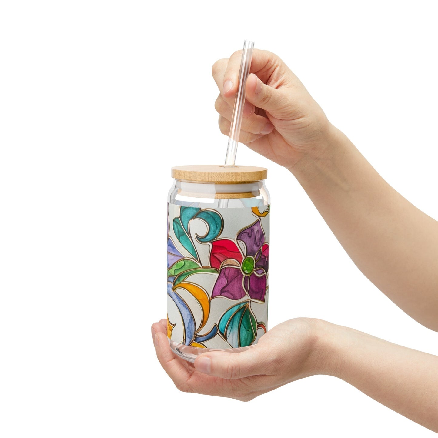 Floral Stained Glass Sipper Glass, 16oz