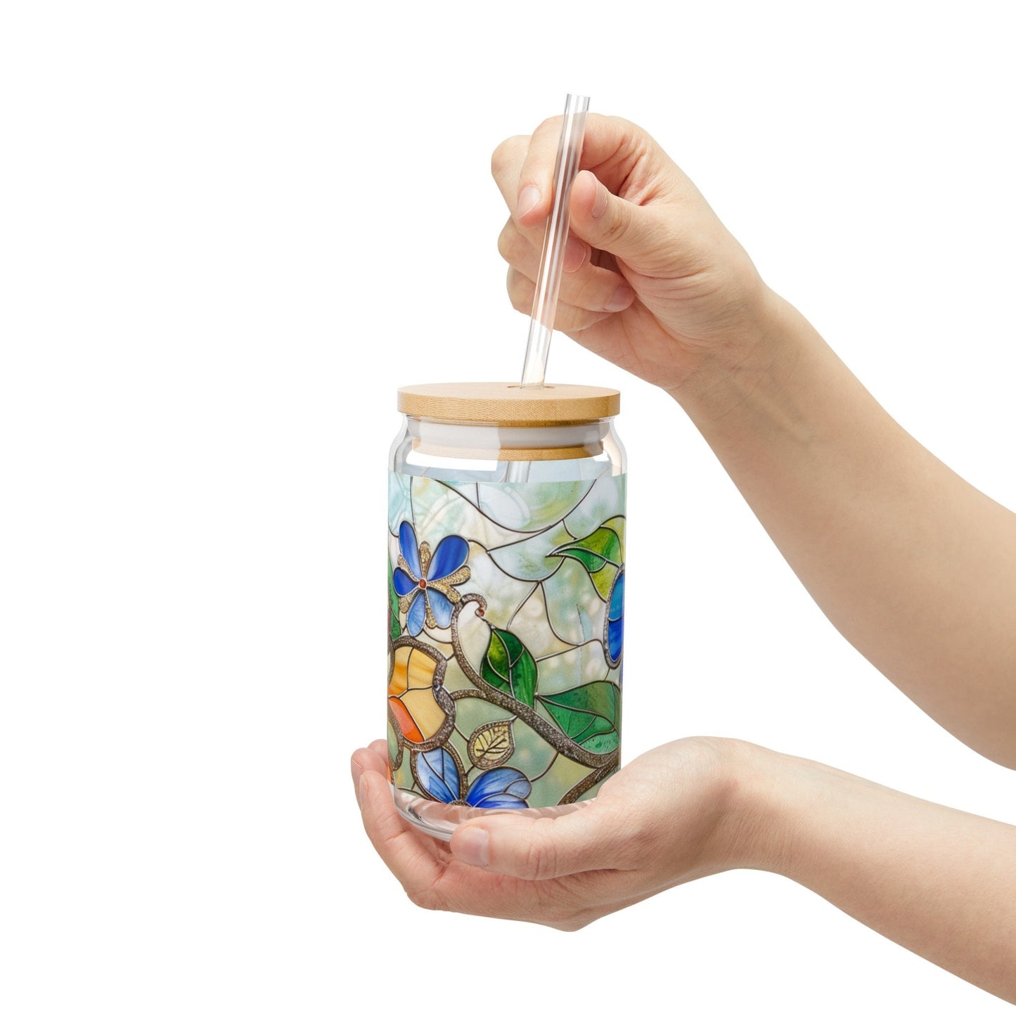 Floral Stained Glass Sipper Glass, 16oz