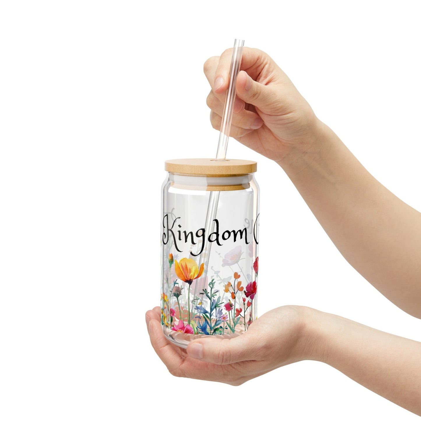 Thy Kingdom Come Glass Sipper Glass, 16oz, Tumbler with Wildflowers