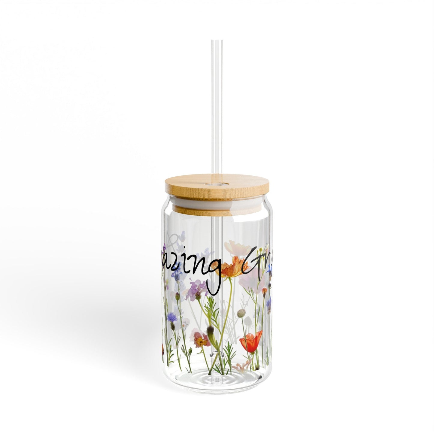 Amazing Grace Glass Tumbler, Wildflower Design, 16oz Sipper
