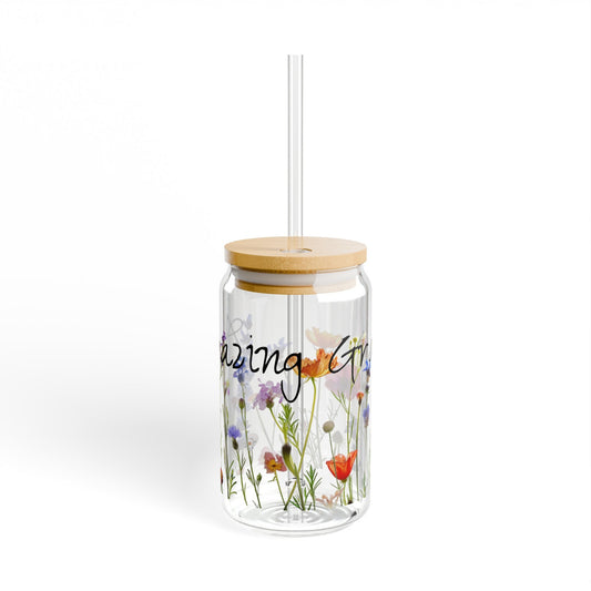 Amazing Grace Glass Tumbler, Wildflower Design, 16oz Sipper
