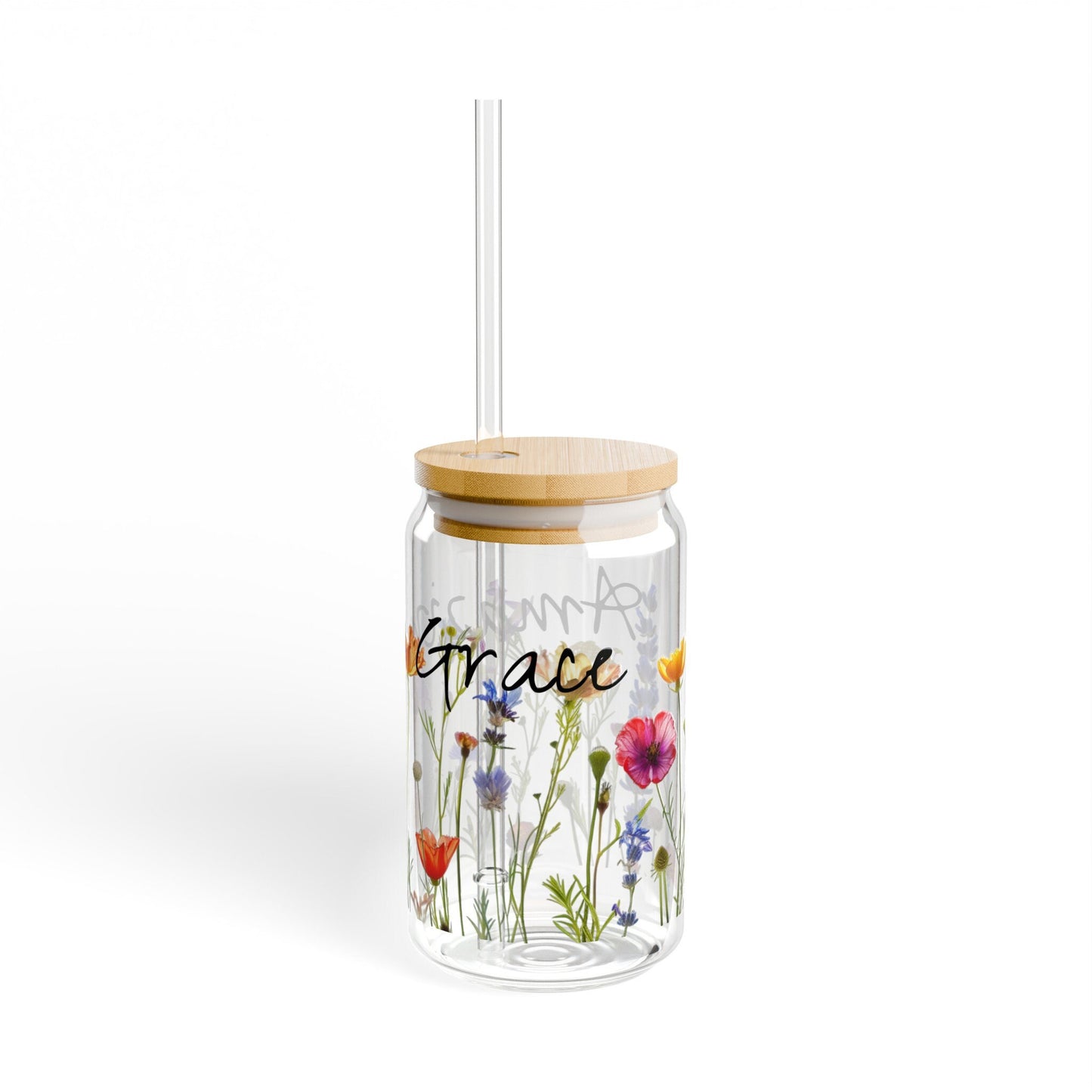Amazing Grace Glass Tumbler, Wildflower Design, 16oz Sipper