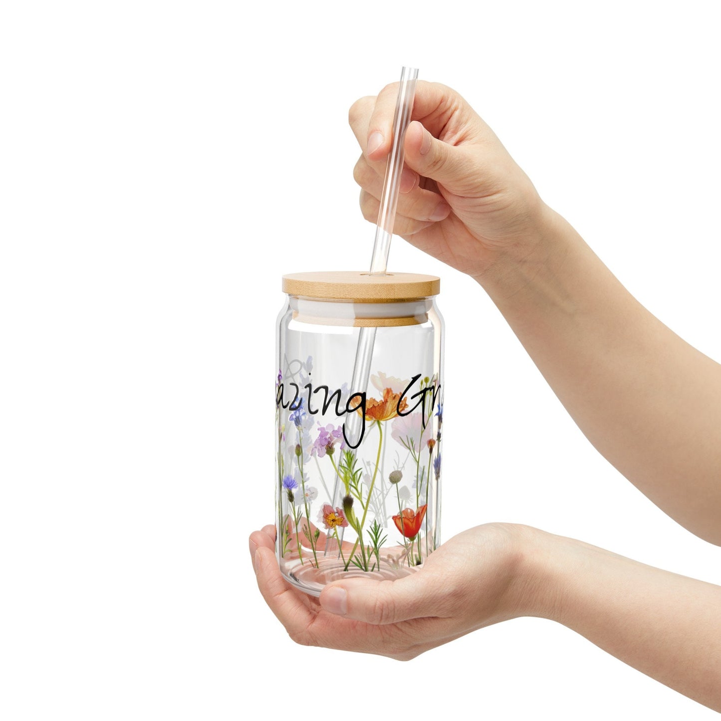 Amazing Grace Glass Tumbler, Wildflower Design, 16oz Sipper