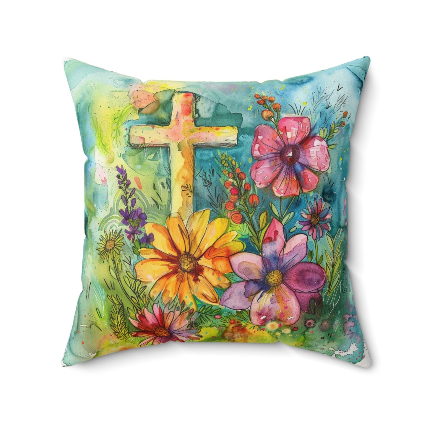 Whimsical Flowers and Cross on a Spun Polyester Square Pillow