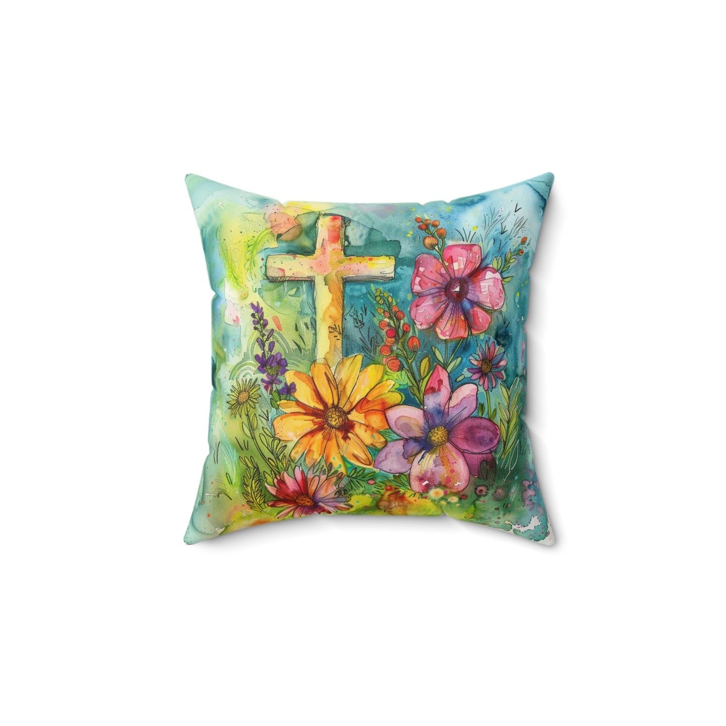 Whimsical Flowers and Cross on a Spun Polyester Square Pillow