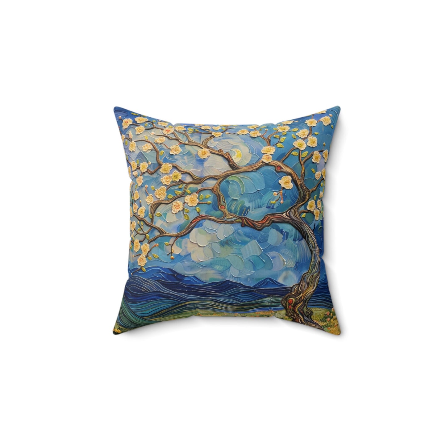 Tree Painting with Flowers on a Spun Polyester Square Pillow