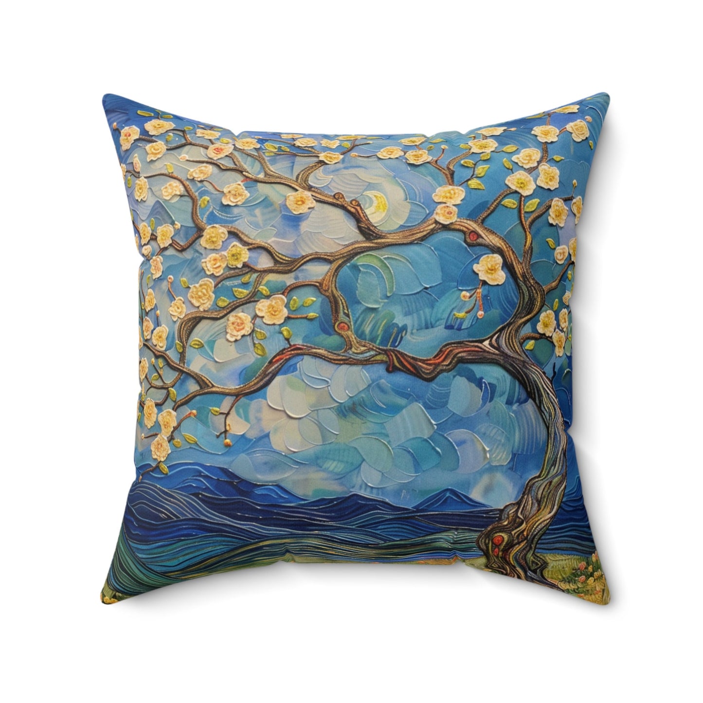 Tree Painting with Flowers on a Spun Polyester Square Pillow