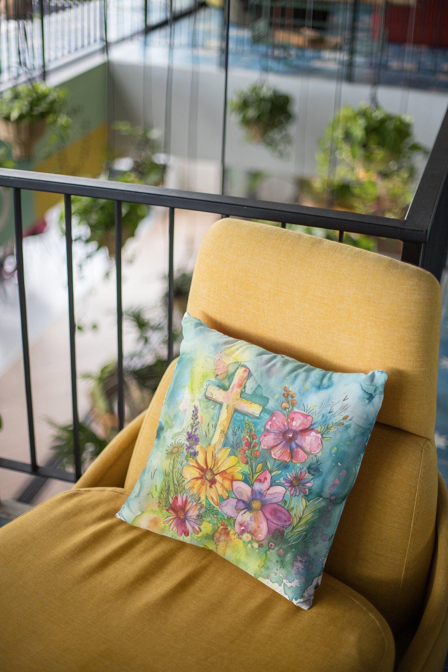 Whimsical Flowers and Cross on a Spun Polyester Square Pillow