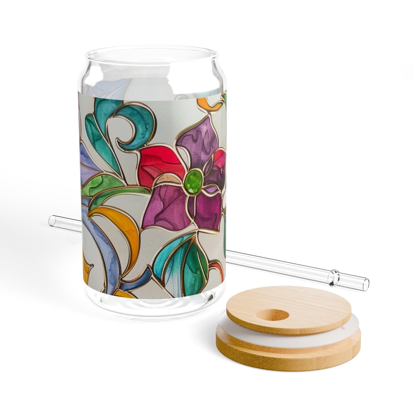 Floral Stained Glass Sipper Glass, 16oz