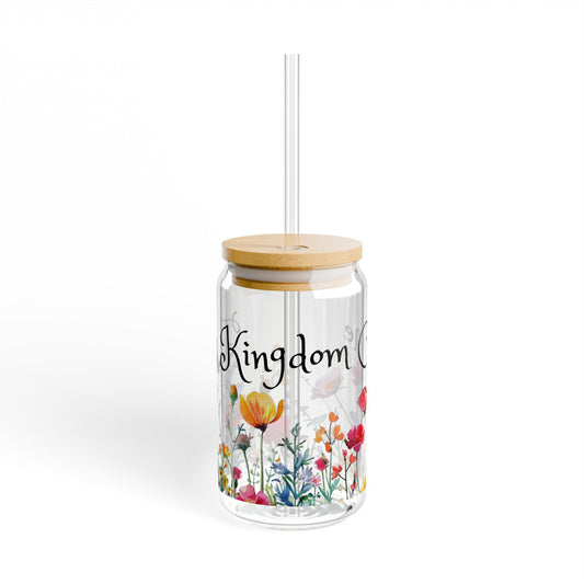 Thy Kingdom Come Glass Sipper Glass, 16oz, Tumbler with Wildflowers