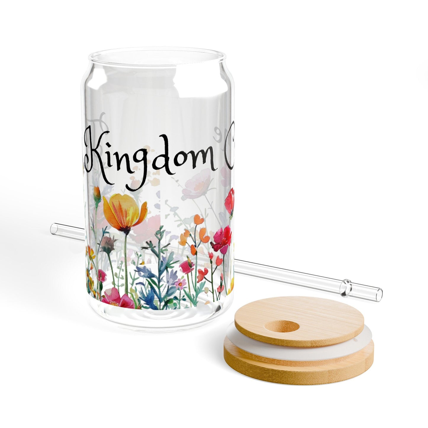 Thy Kingdom Come Glass Sipper Glass, 16oz, Tumbler with Wildflowers