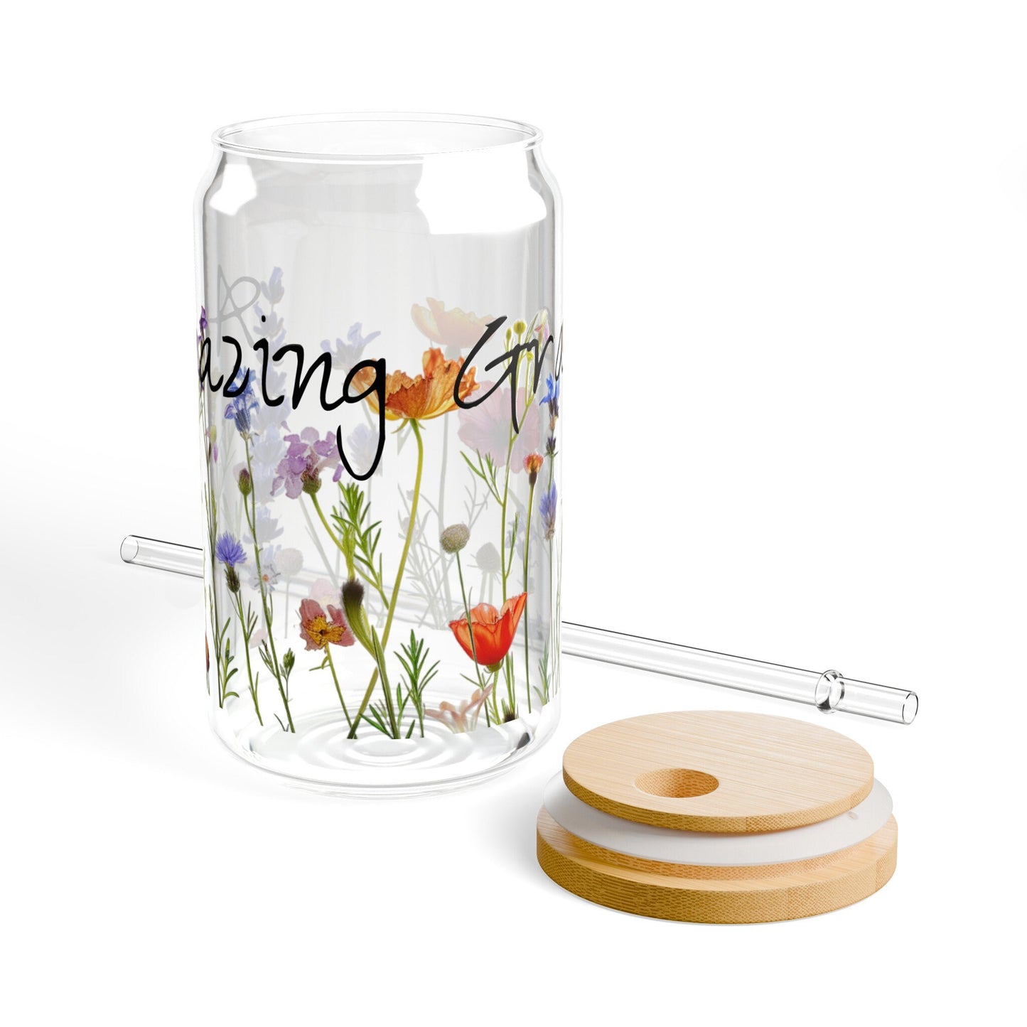 Amazing Grace Glass Tumbler, Wildflower Design, 16oz Sipper