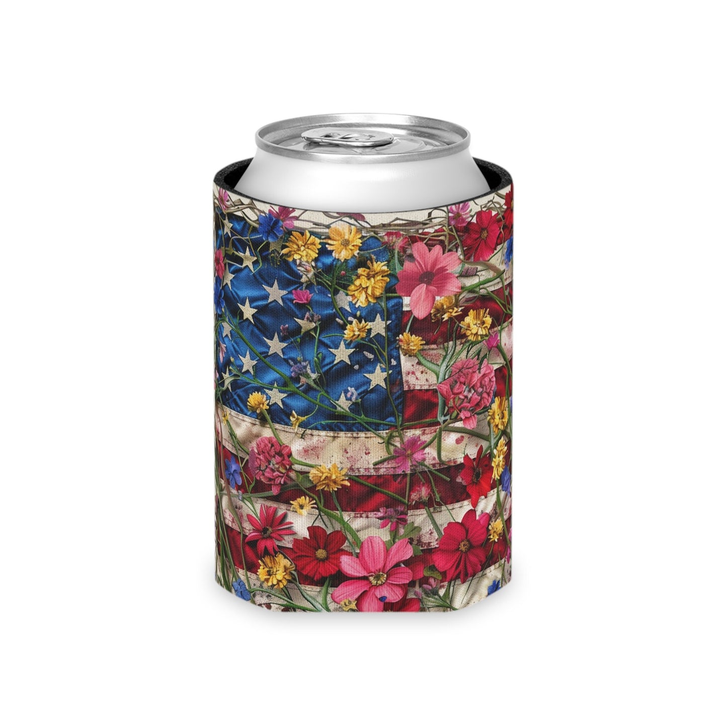 American Flag Floral Can Cooler: Patriotic 4th of July Koozie