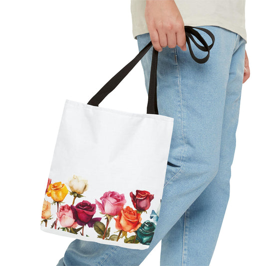 Floral Tote Bag: Multicolored Roses Print, White Canvas Shoulder Bag