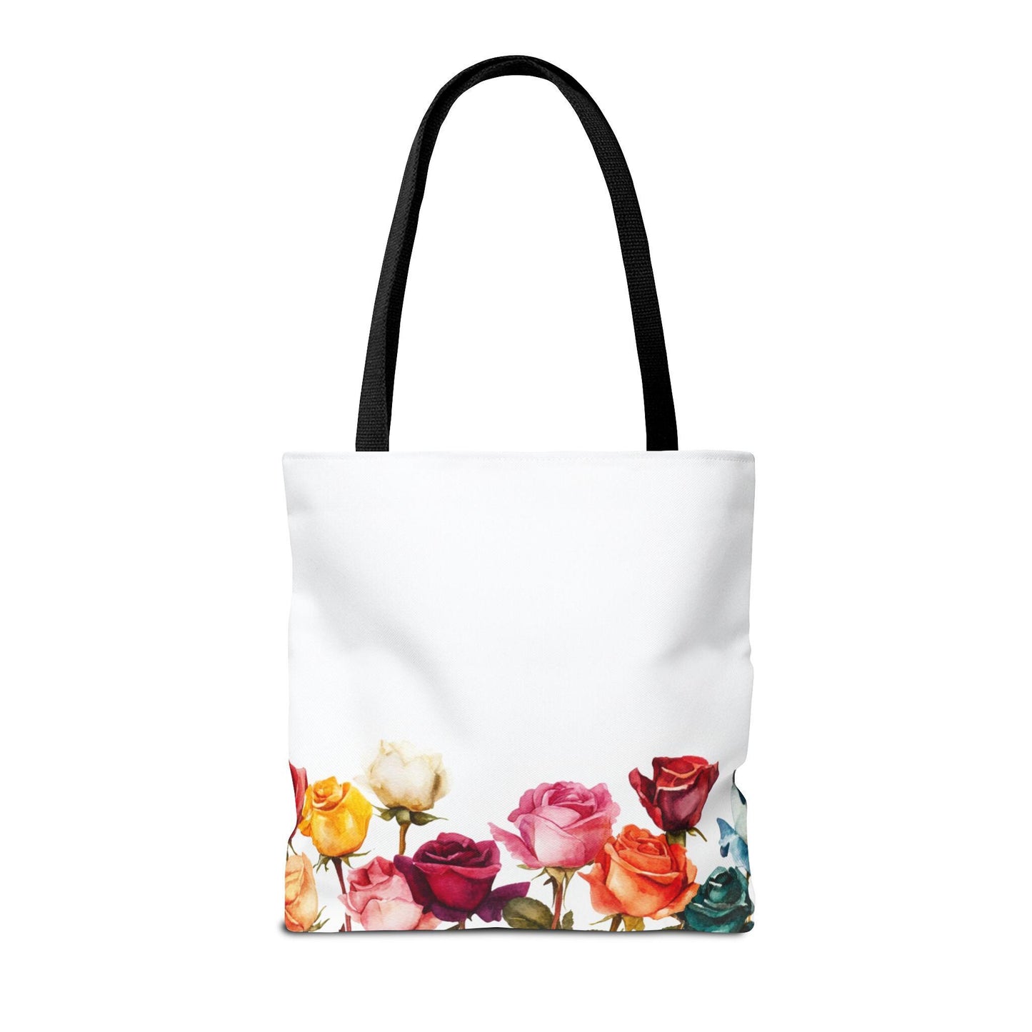 Floral Tote Bag: Multicolored Roses Print, White Canvas Shoulder Bag