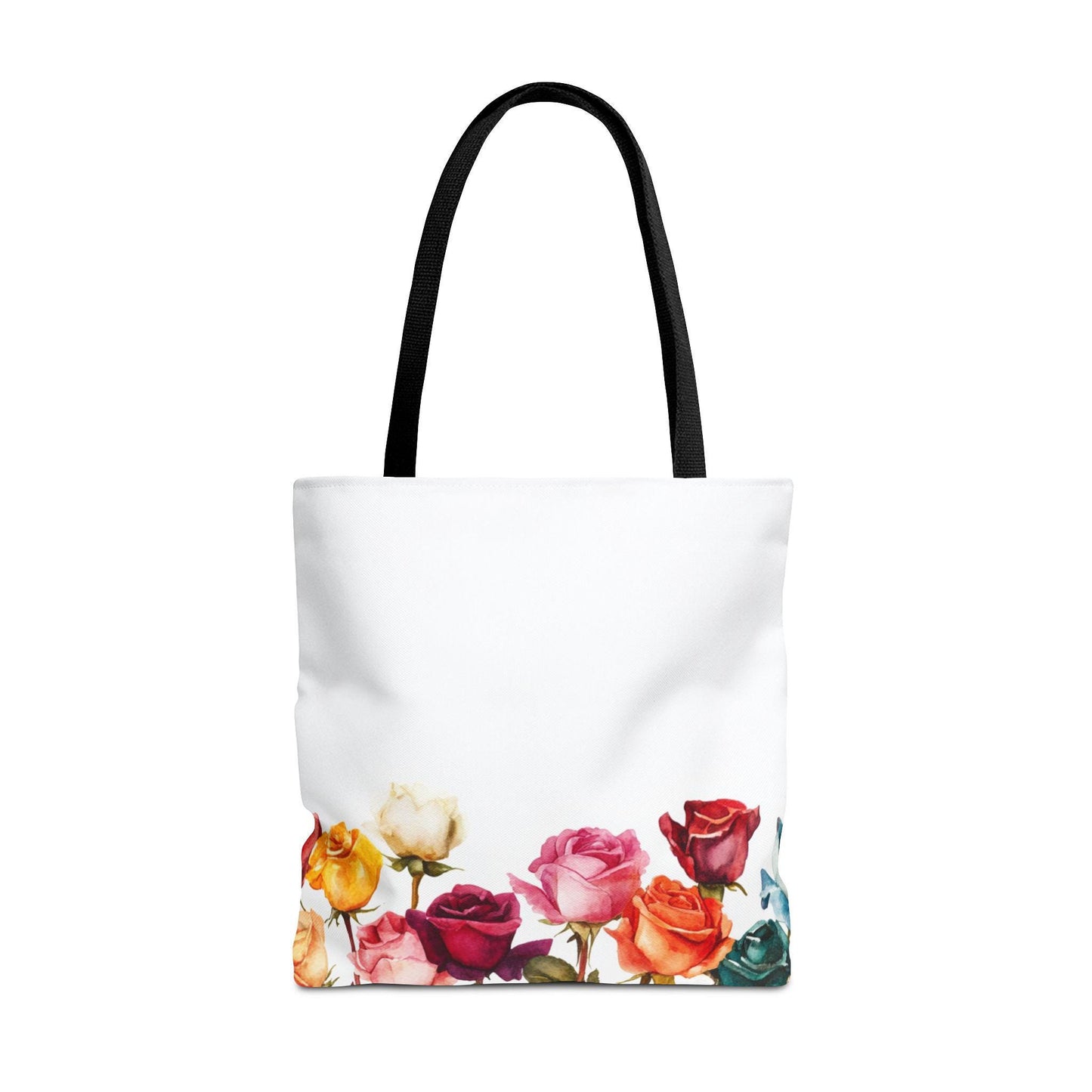 Floral Tote Bag: Multicolored Roses Print, White Canvas Shoulder Bag