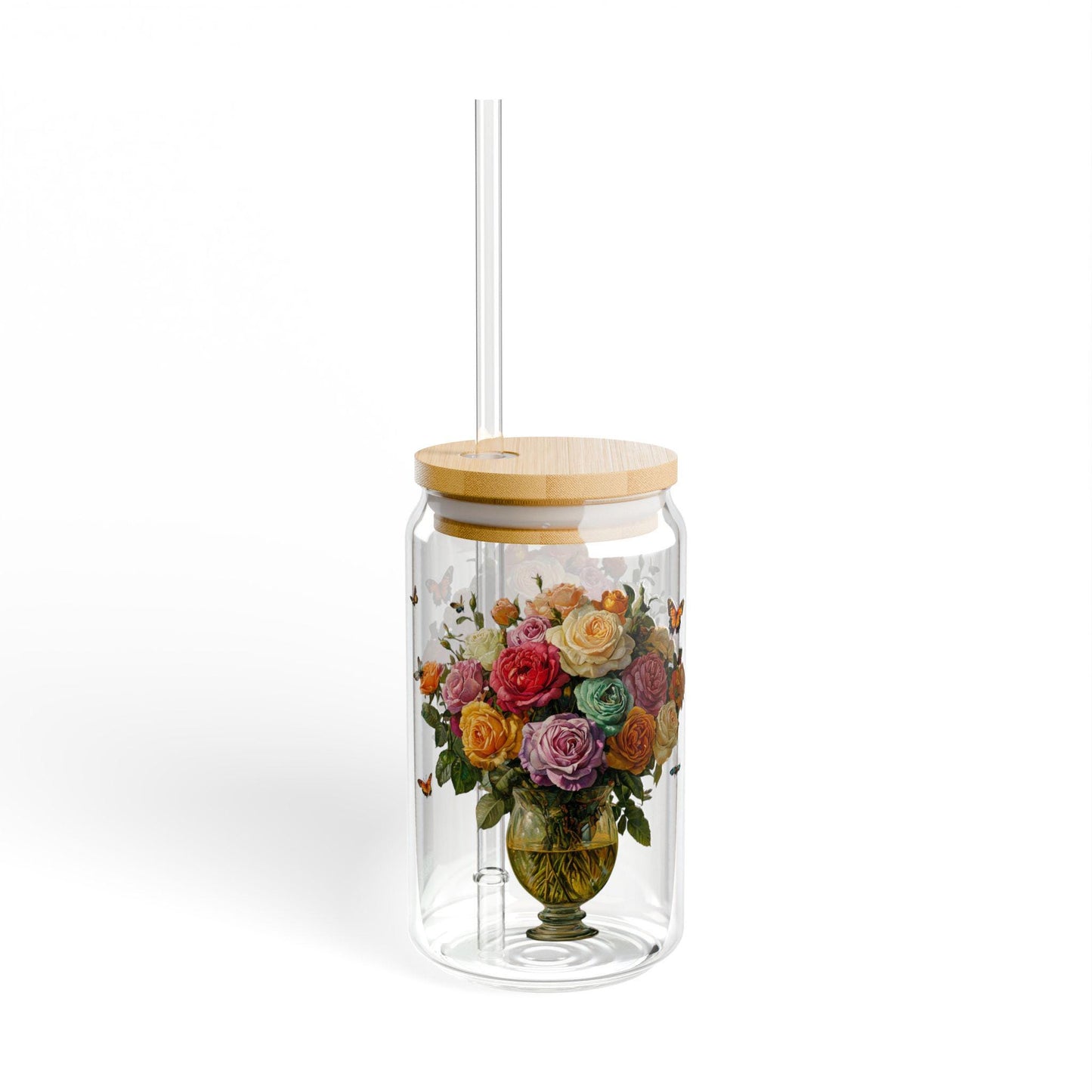 Rose Bouquet Sipper Glass: Floral Tempered Glass Cup (16oz)