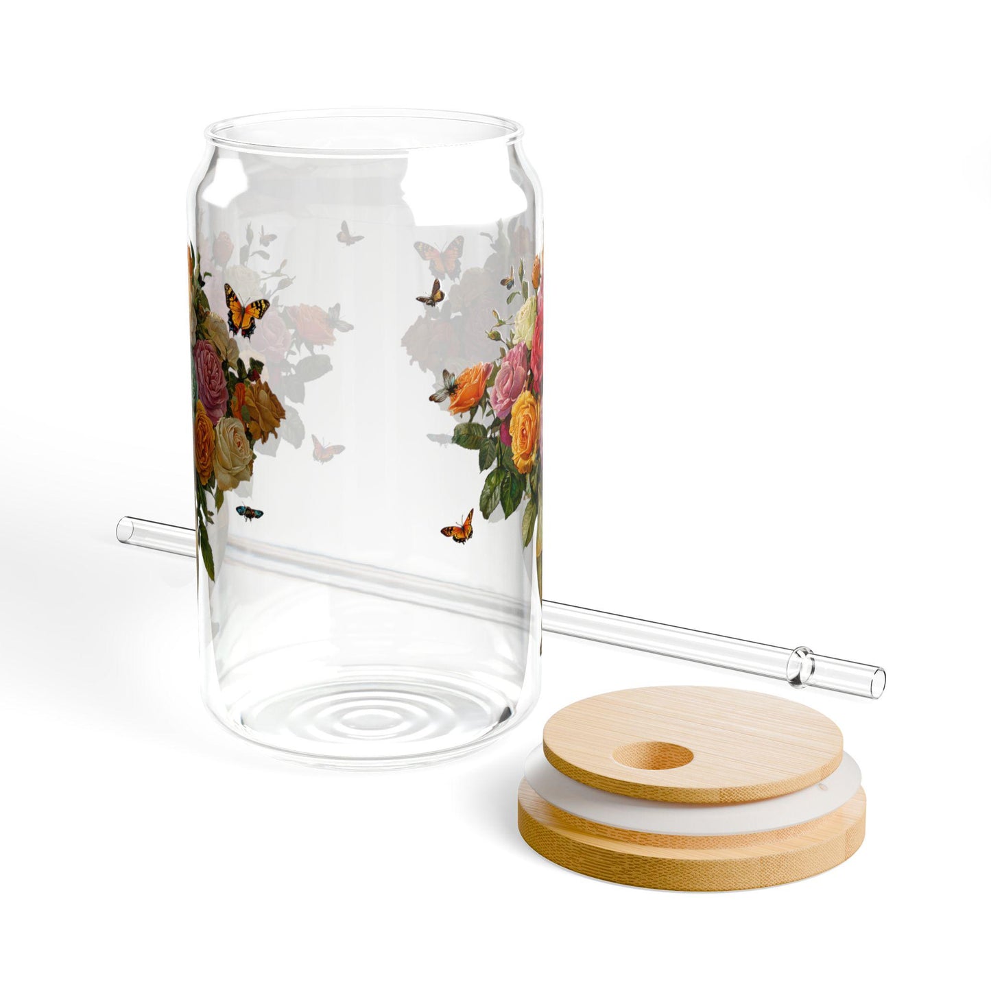 Rose Bouquet Sipper Glass: Floral Tempered Glass Cup (16oz)