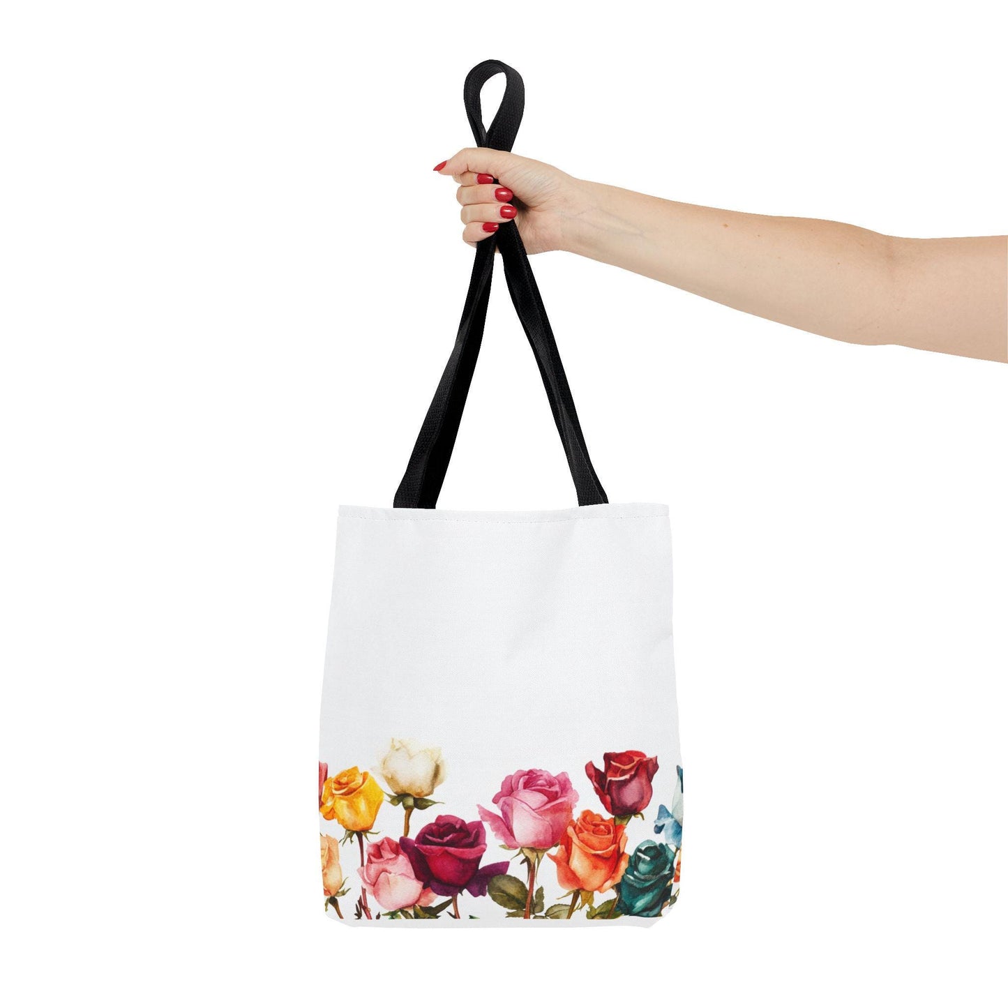 Floral Tote Bag: Multicolored Roses Print, White Canvas Shoulder Bag