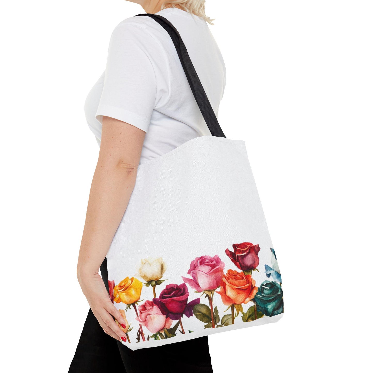 Floral Tote Bag: Multicolored Roses Print, White Canvas Shoulder Bag