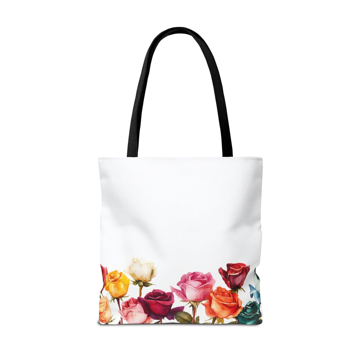 Floral Tote Bag: Multicolored Roses Print, White Canvas Shoulder Bag