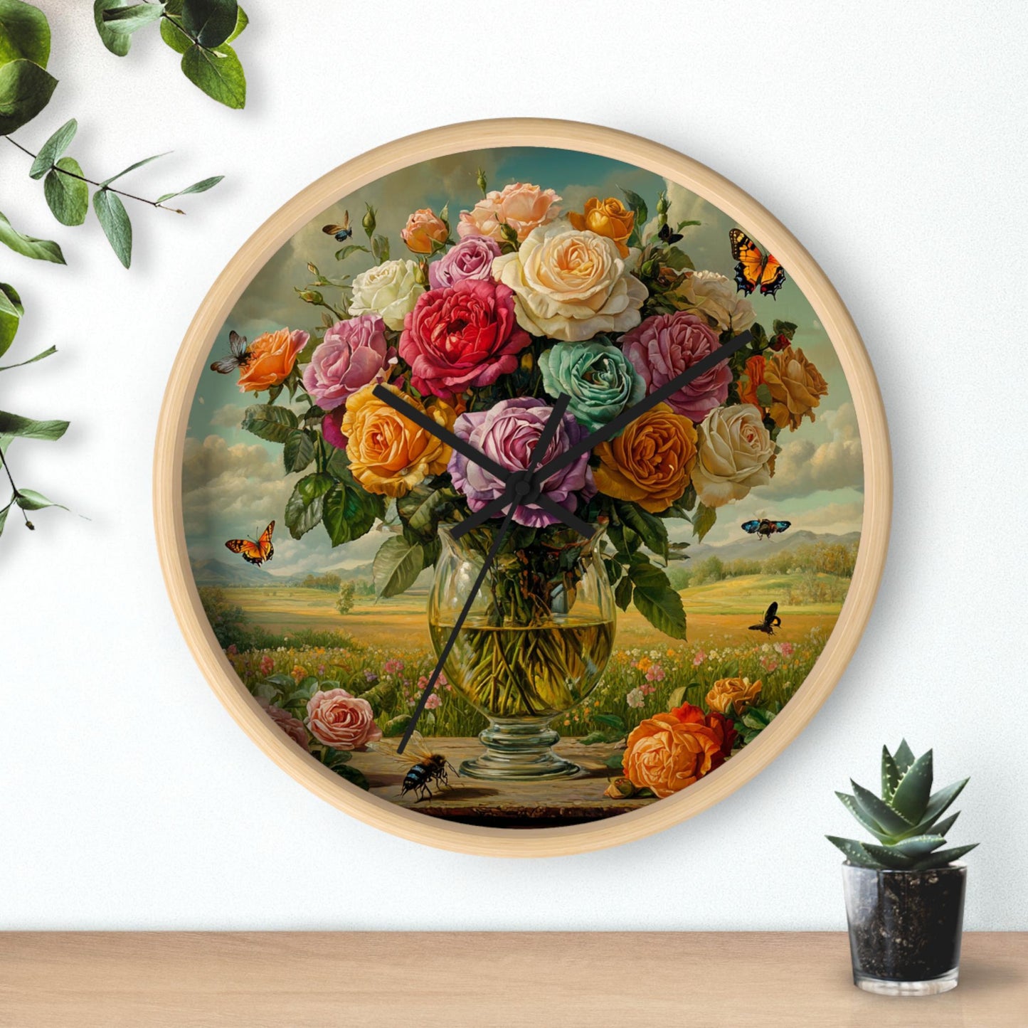 Rose Vase Wall Clock: Floral Farmhouse Decor, Gardener Gift