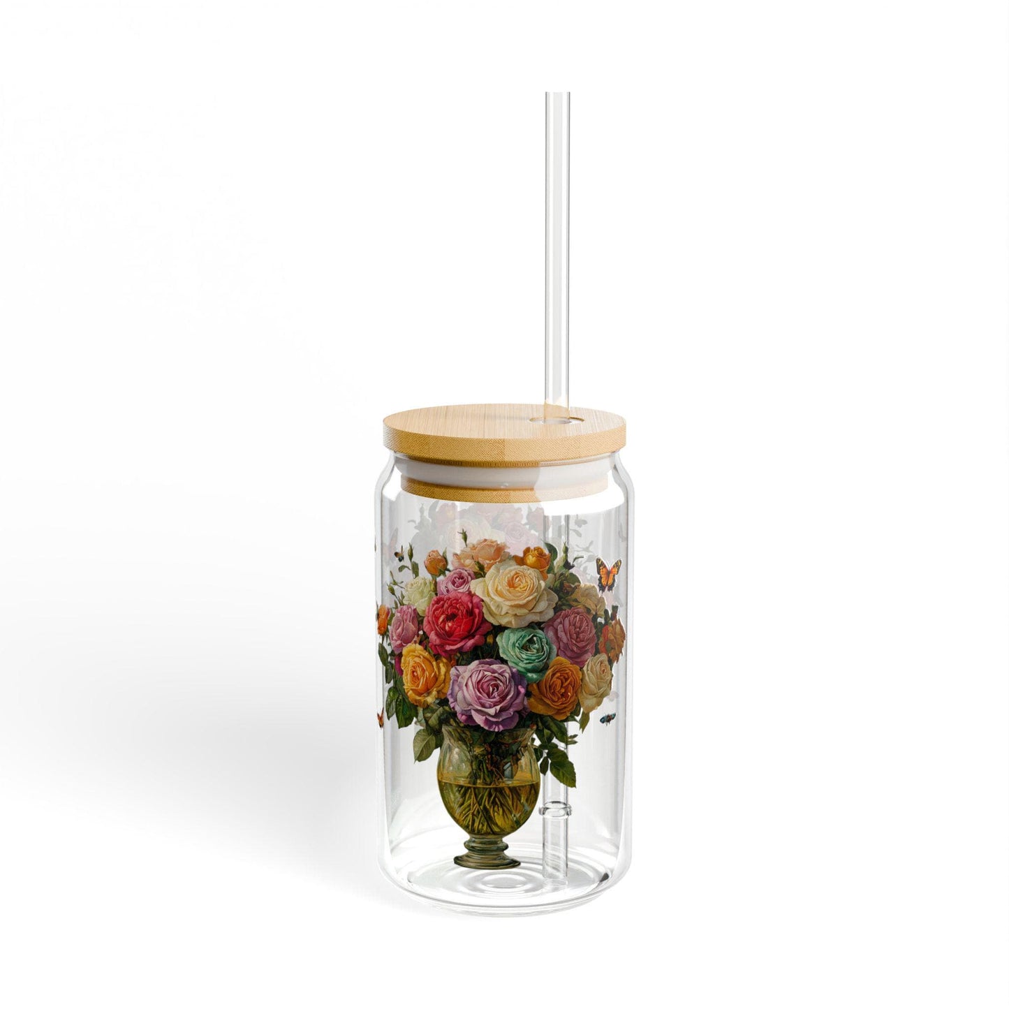 Rose Bouquet Sipper Glass: Floral Tempered Glass Cup (16oz)