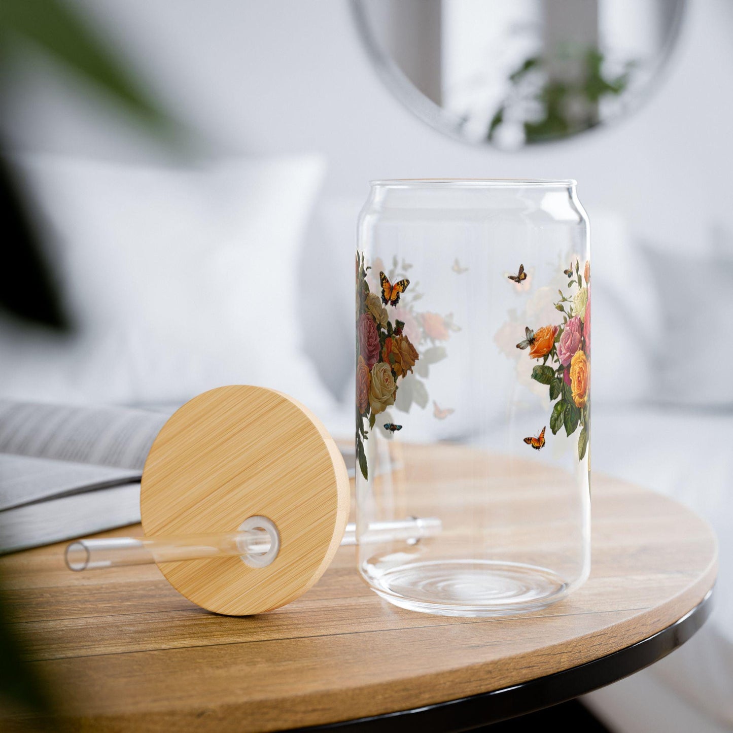 Rose Bouquet Sipper Glass: Floral Tempered Glass Cup (16oz)