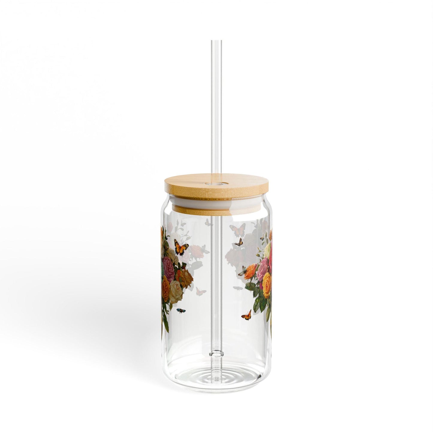 Rose Bouquet Sipper Glass: Floral Tempered Glass Cup (16oz)