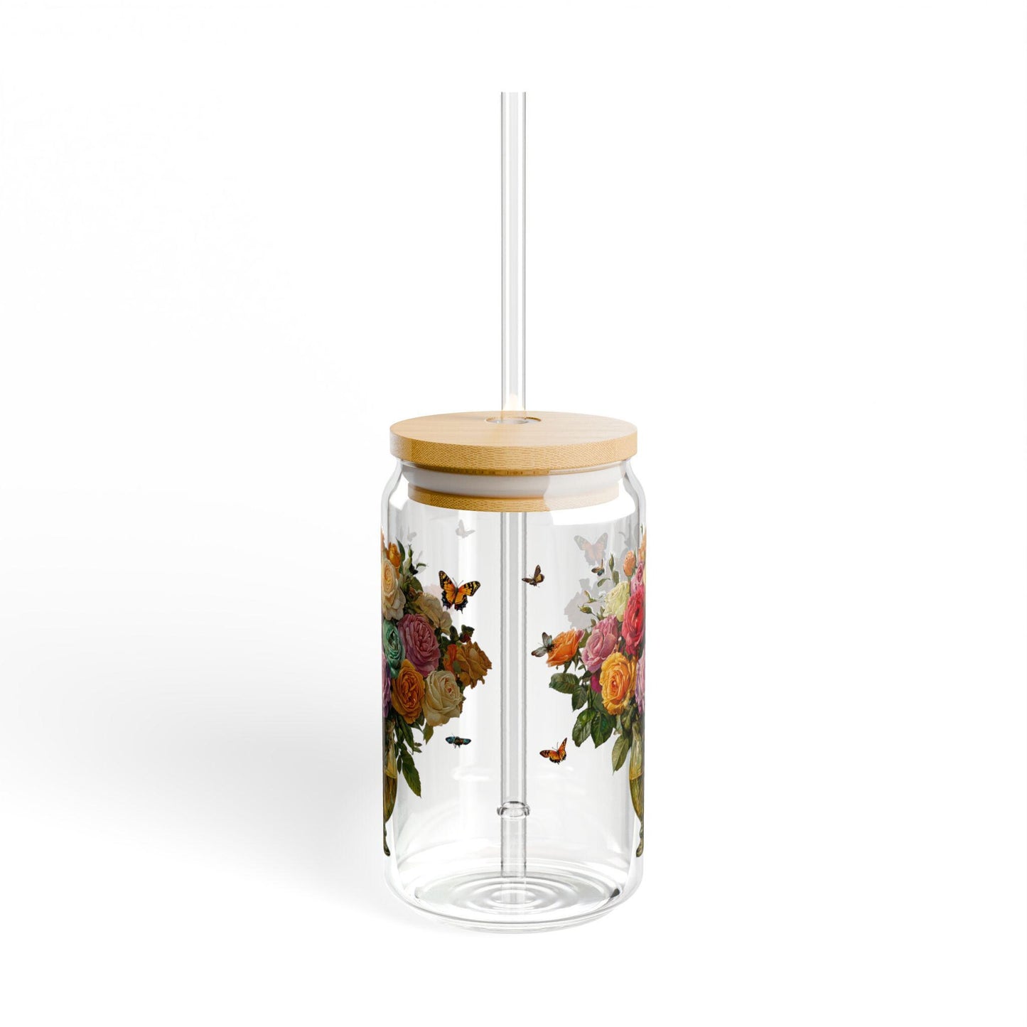 Rose Bouquet Sipper Glass: Floral Tempered Glass Cup (16oz)