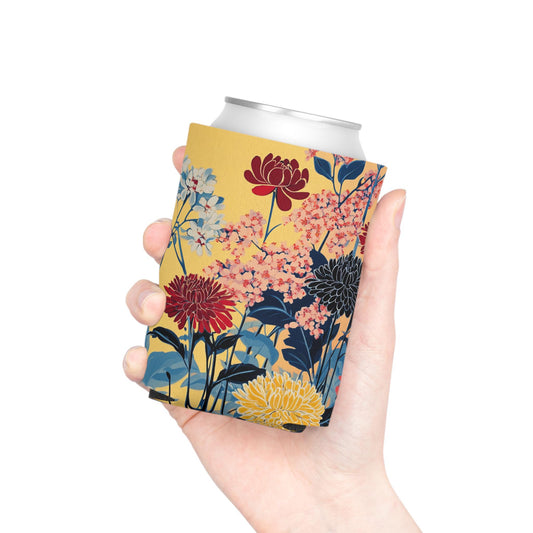 Floral Can Cooler: Yellow & Blue Botanical Drink Sleeve