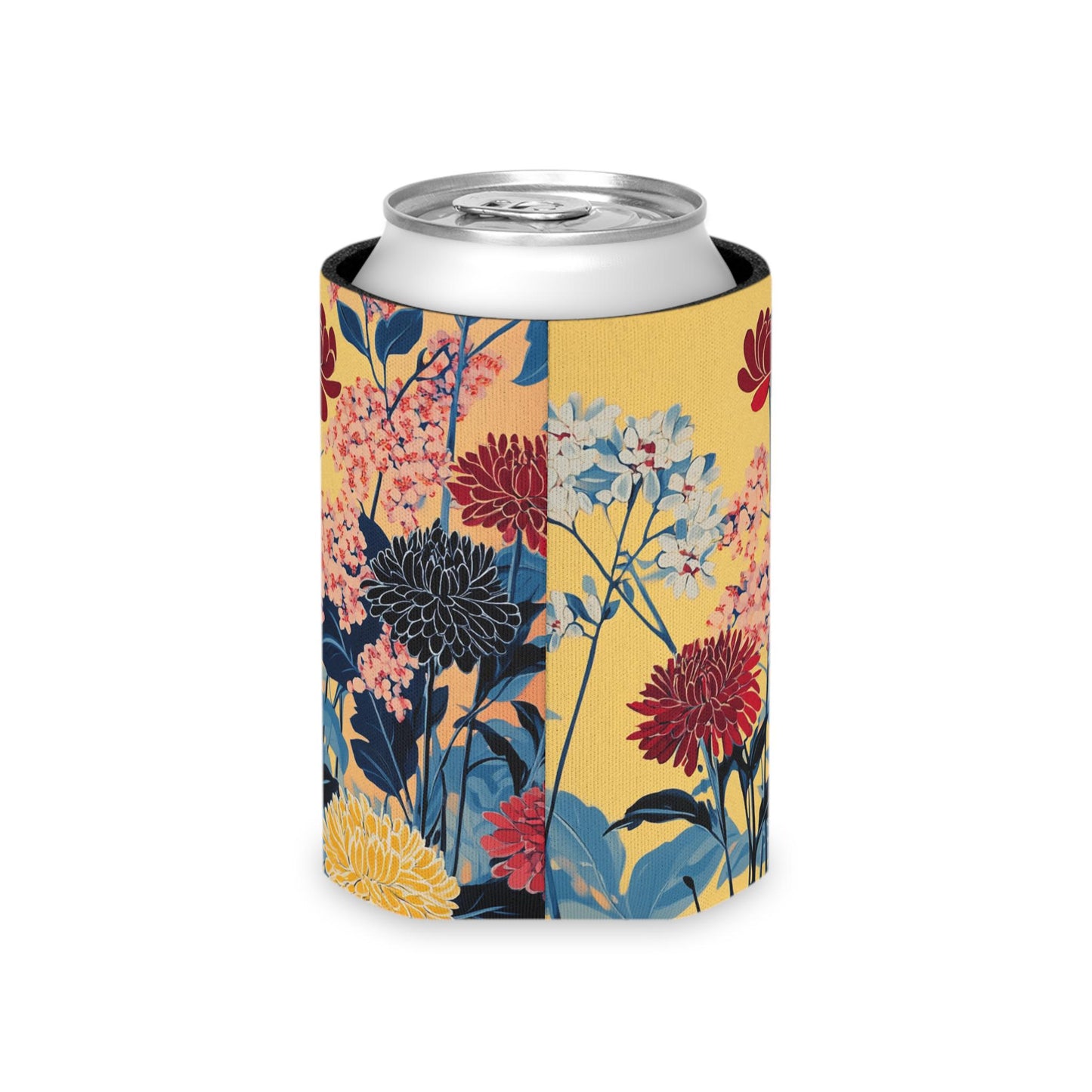 Floral Can Cooler: Yellow & Blue Botanical Drink Sleeve