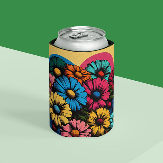 Pop Art Floral Can Cooler: Retro Flower Beverage Insulator