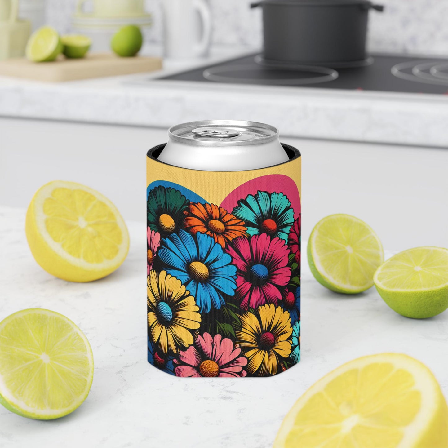 Pop Art Floral Can Cooler: Retro Flower Beverage Insulator