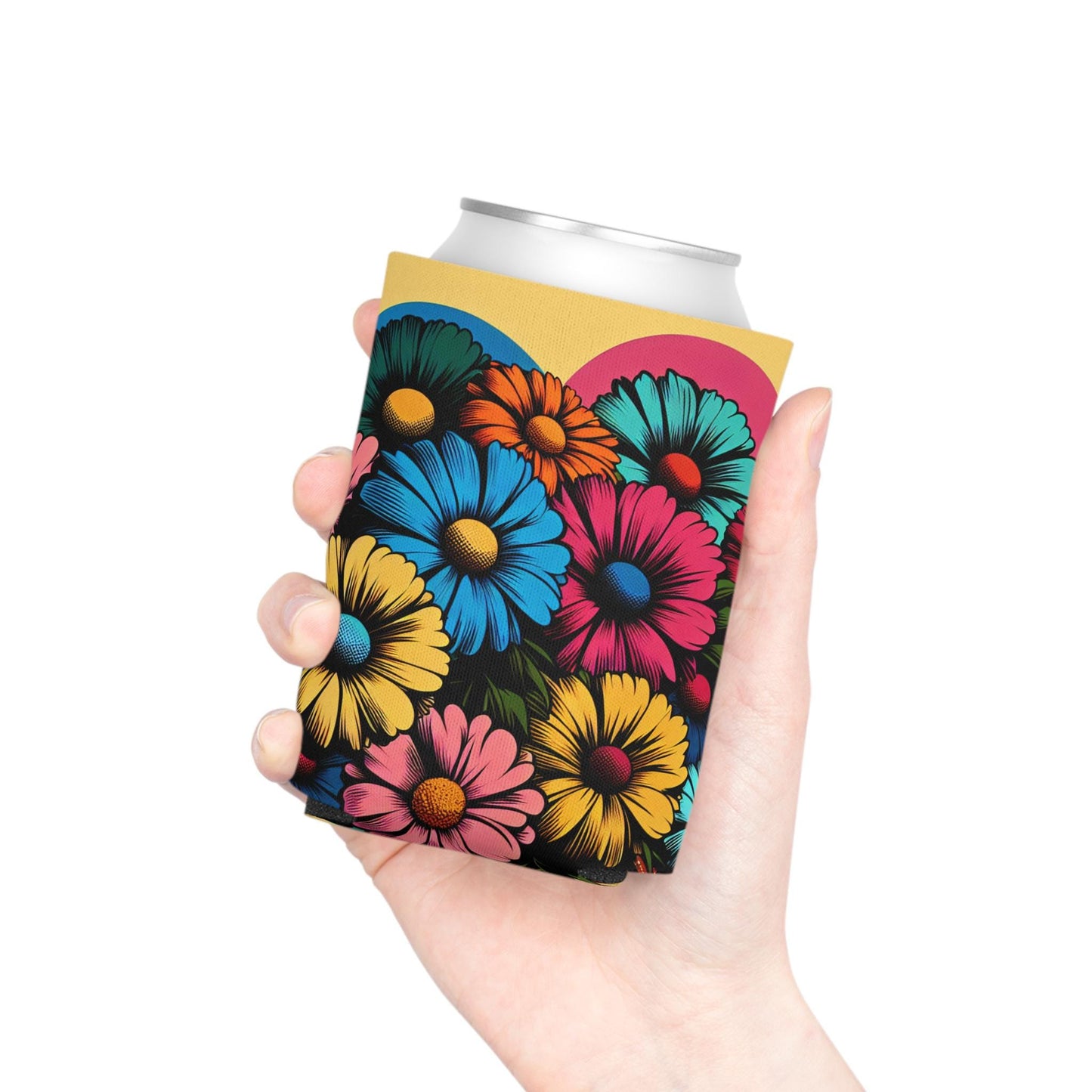 Pop Art Floral Can Cooler: Retro Flower Beverage Insulator